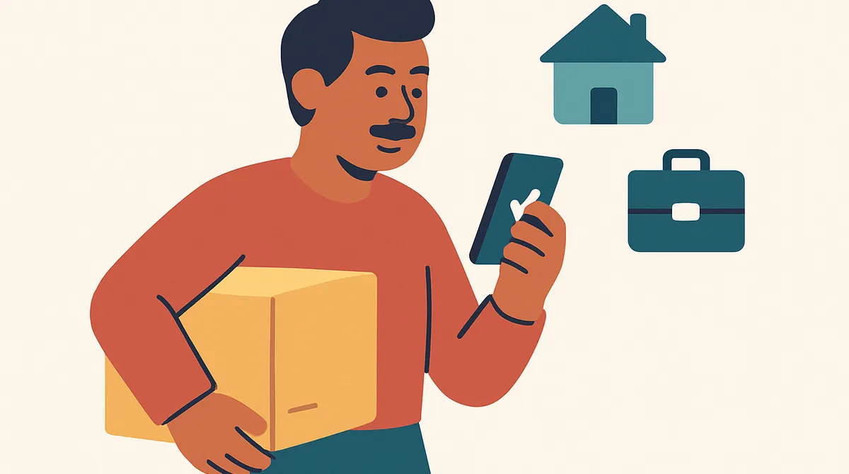 Un hombre actualiza sus datos en el teléfono mientras carga una caja de mudanza, con una casa y un maletín cerca.