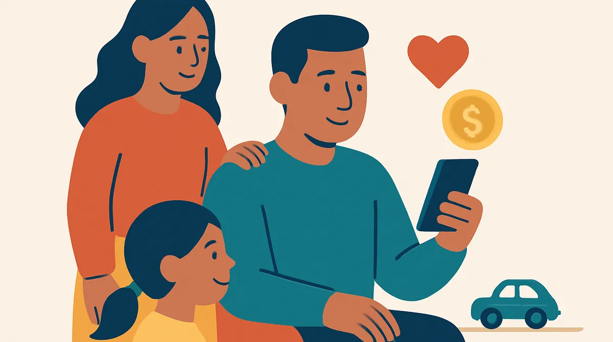 Un padre paga desde su teléfono en casa, con una moneda y un corazón encima y un juguete en el piso.