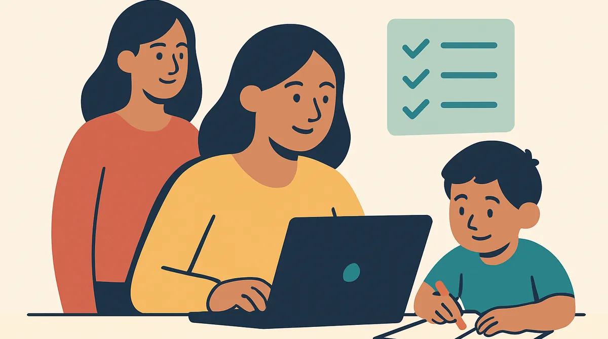Una madre aplica en su laptop mientras su hijo colorea a su lado, con una lista de pasos encima.