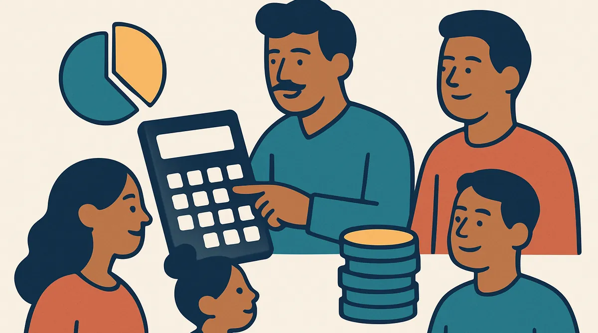 Una madre usa una calculadora grande junto a monedas y una gráfica circular sin números.