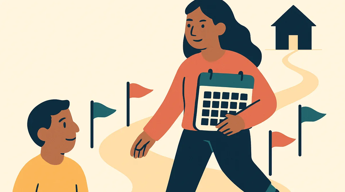 Una madre camina por un camino con varias banderitas hacia una casa, con un calendario en la mano.