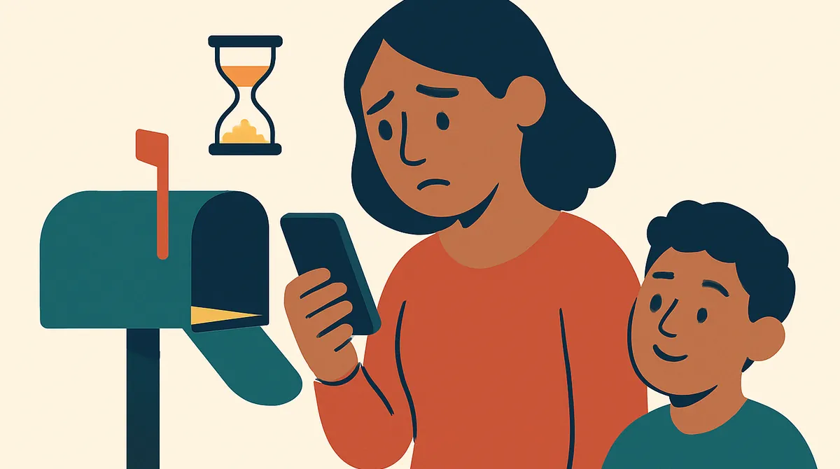 Una madre preocupada revisa un buzón vacío y su teléfono, con un reloj de arena cerca.