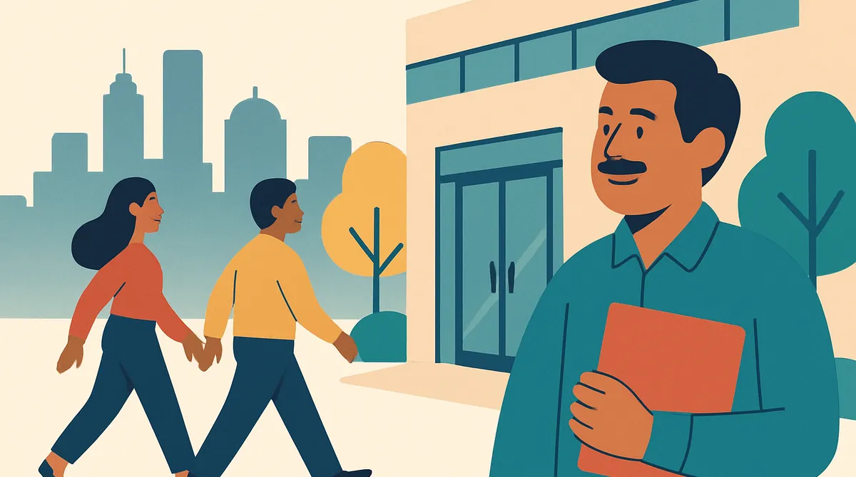 Personas entran a una oficina moderna con árboles y la ciudad al fondo, y una lleva una carpeta.