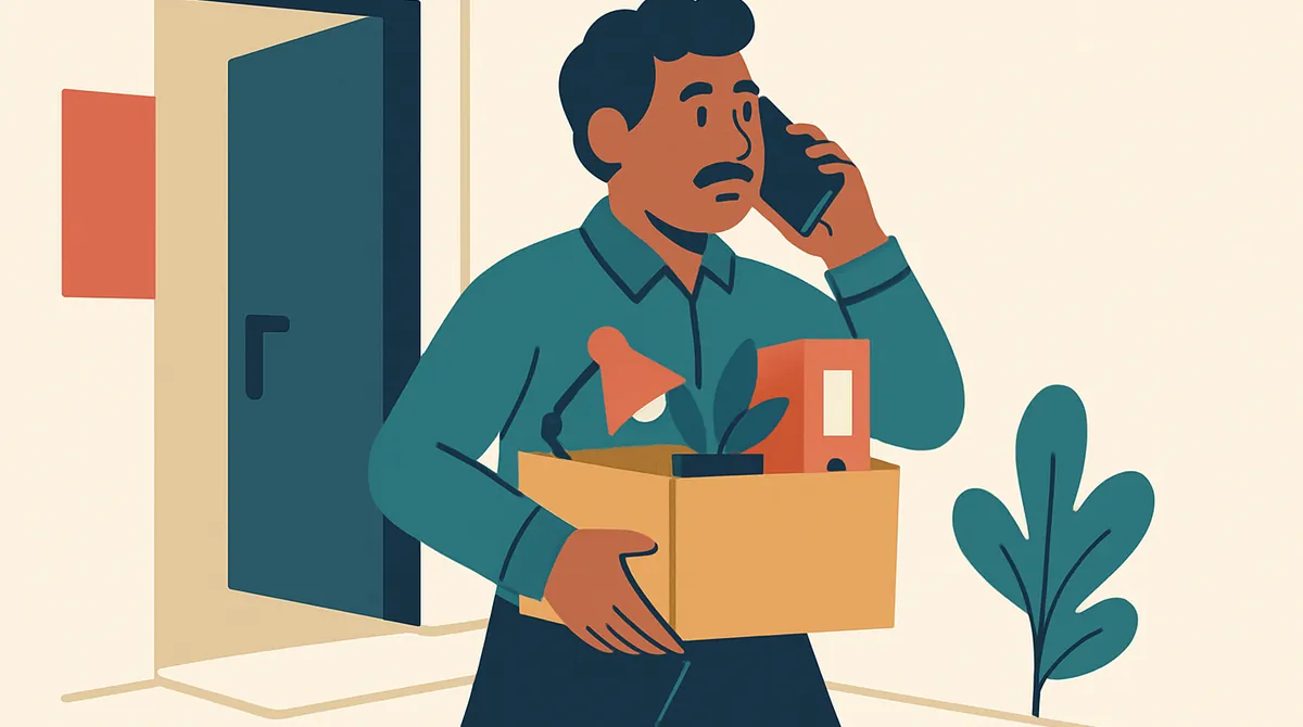 Un hombre sale de su trabajo con una caja de cosas y hace una llamada con decisión.