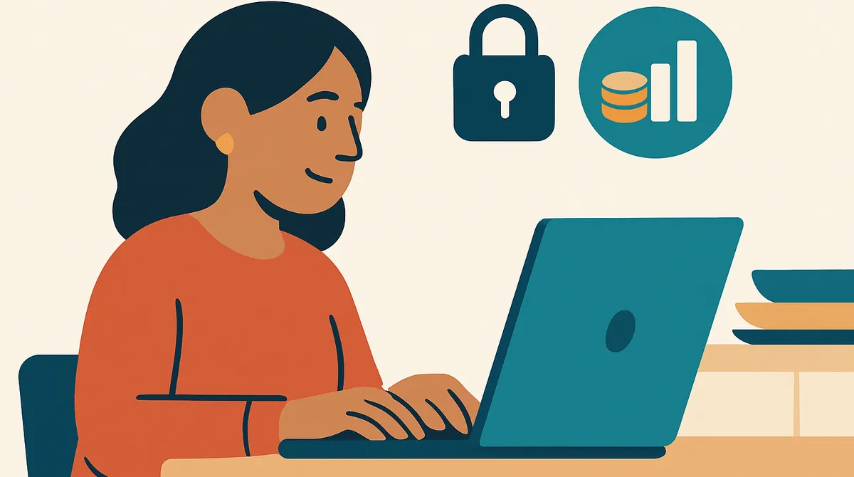 Una mujer entra a su cuenta en la laptop, con un candado y una gráfica de monedas sobre la pantalla.