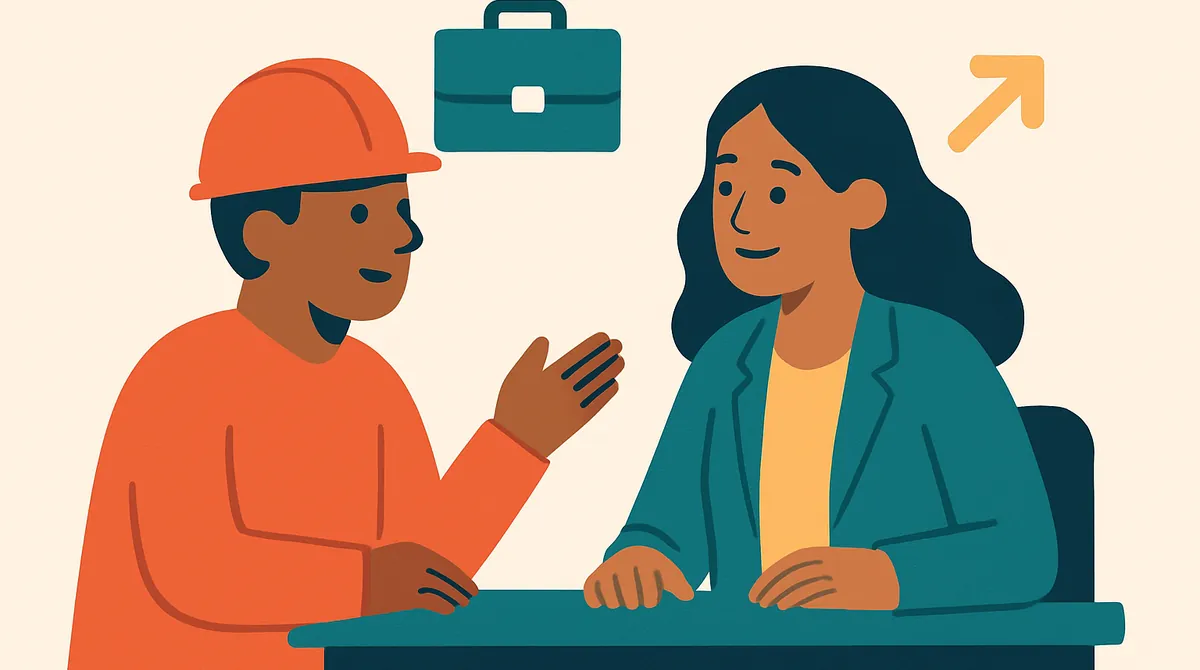 Un padre con casco conversa con un orientador de empleo, con un maletín y una flecha hacia arriba cerca.
