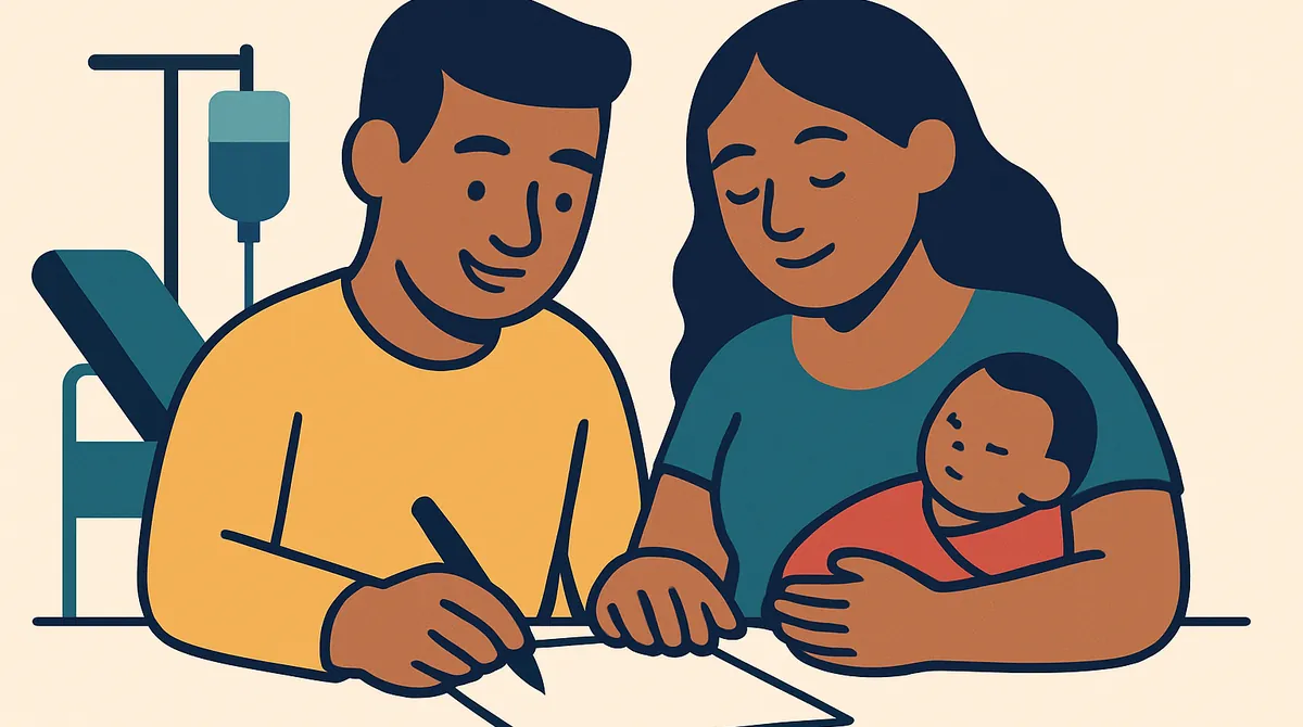 Una pareja firma un formulario juntos en el hospital mientras carga a su bebé recién nacido.