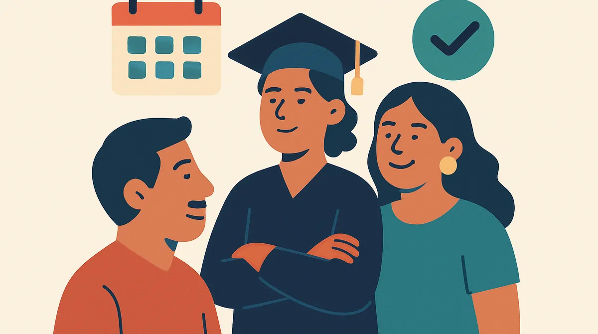 Un joven con birrete de graduación junto a su mamá, con un calendario y una marca de verificación encima.
