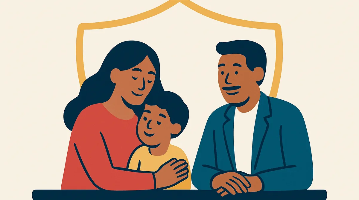 Una madre y su hijo sentados con una asesora tranquila, rodeados por la forma de un escudo protector.