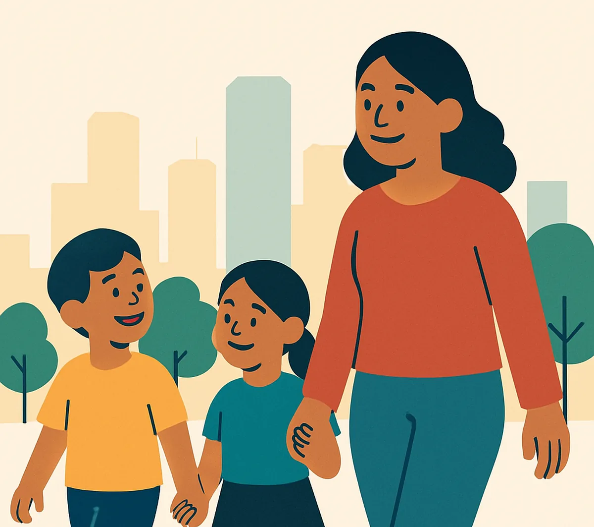 Una madre sonriente camina de la mano de sus dos hijos por una calle soleada con árboles y la ciudad al fondo.